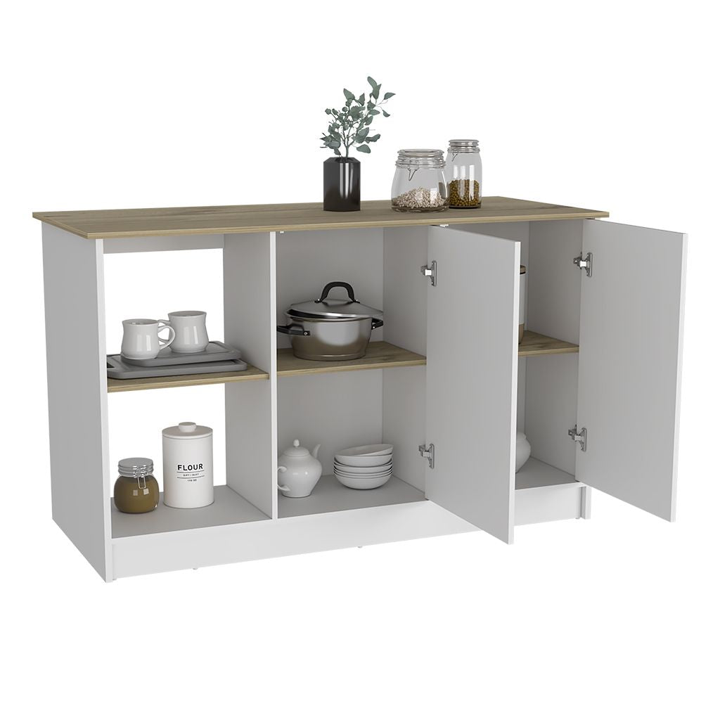 Juniper Kitchen Island, Four Open Shelves, Two Cabinets -Light Oak / White image 7