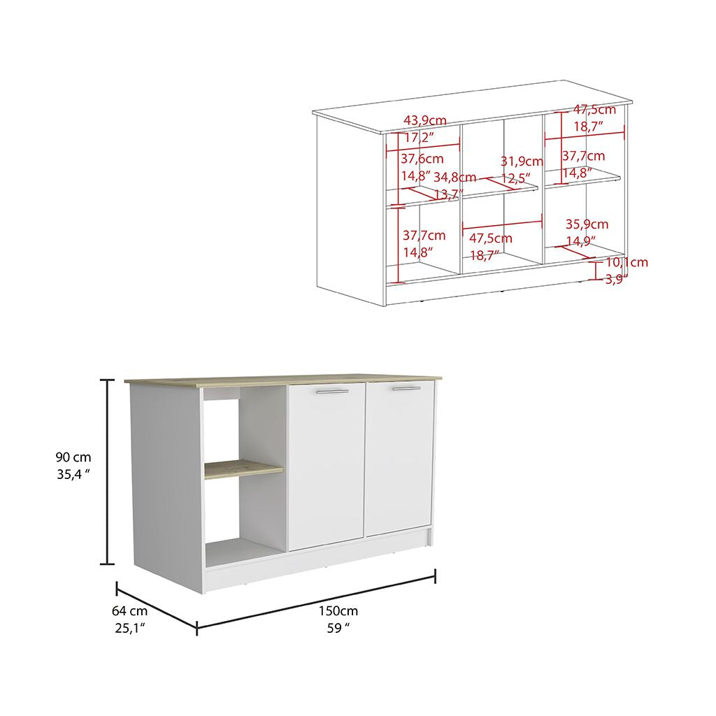 Juniper Kitchen Island, Four Open Shelves, Two Cabinets -Light Oak / White image 3