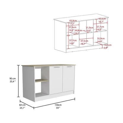 Juniper Kitchen Island, Four Open Shelves, Two Cabinets -Light Oak / White image 3