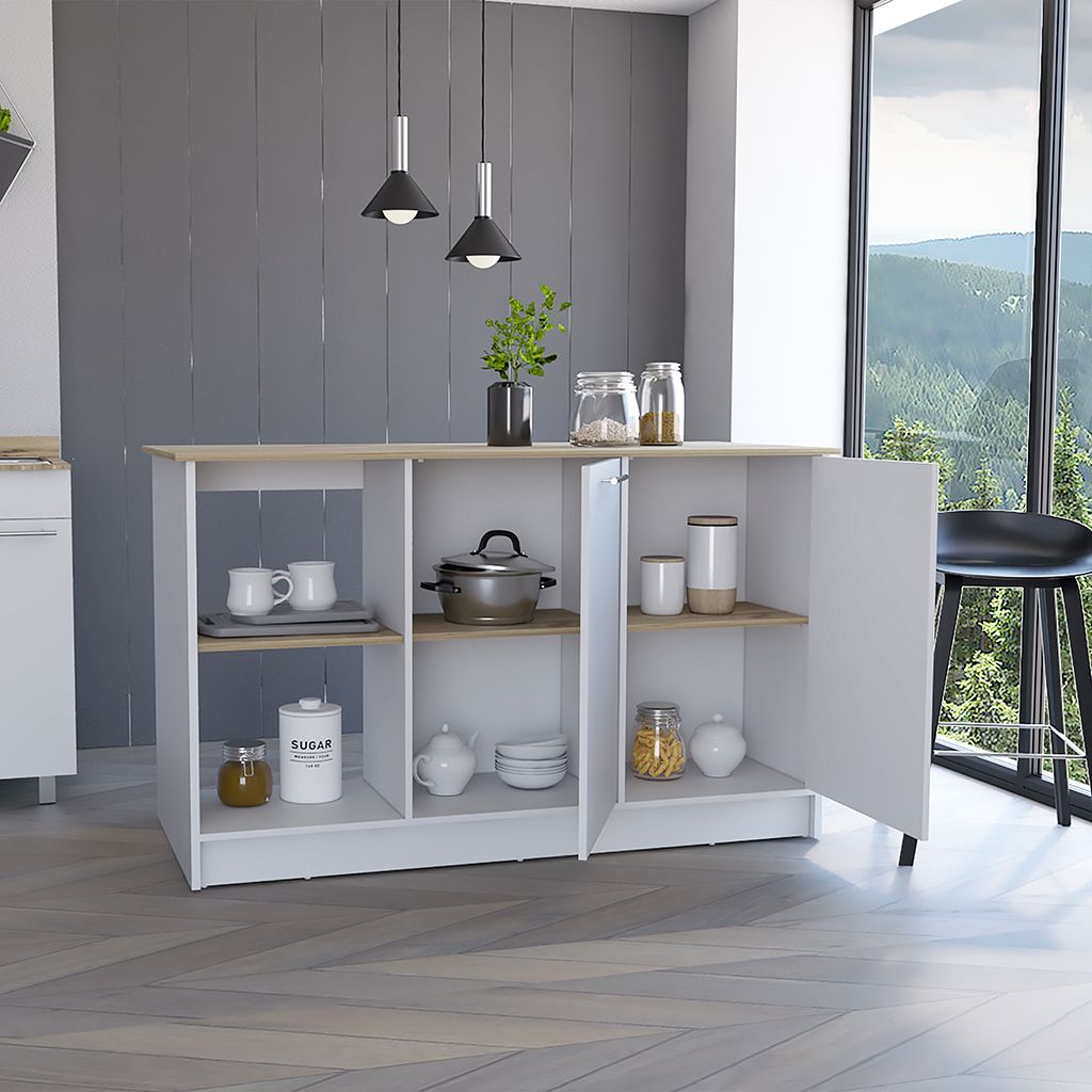 Juniper Kitchen Island, Four Open Shelves, Two Cabinets -Light Oak / White image 4