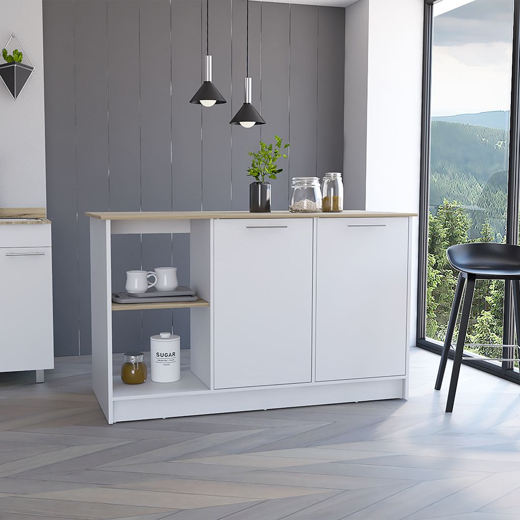 Juniper Kitchen Island, Four Open Shelves, Two Cabinets -Light Oak / White image 1