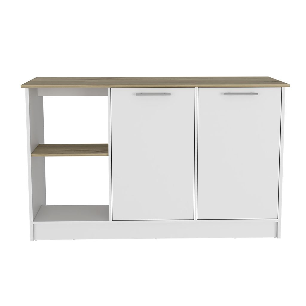 Juniper Kitchen Island, Four Open Shelves, Two Cabinets -Light Oak / White image 2