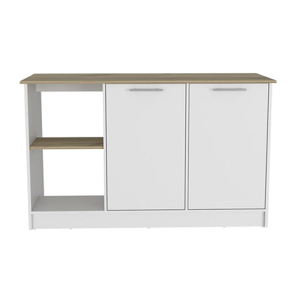 Juniper Kitchen Island, Four Open Shelves, Two Cabinets -Light Oak / White image 2