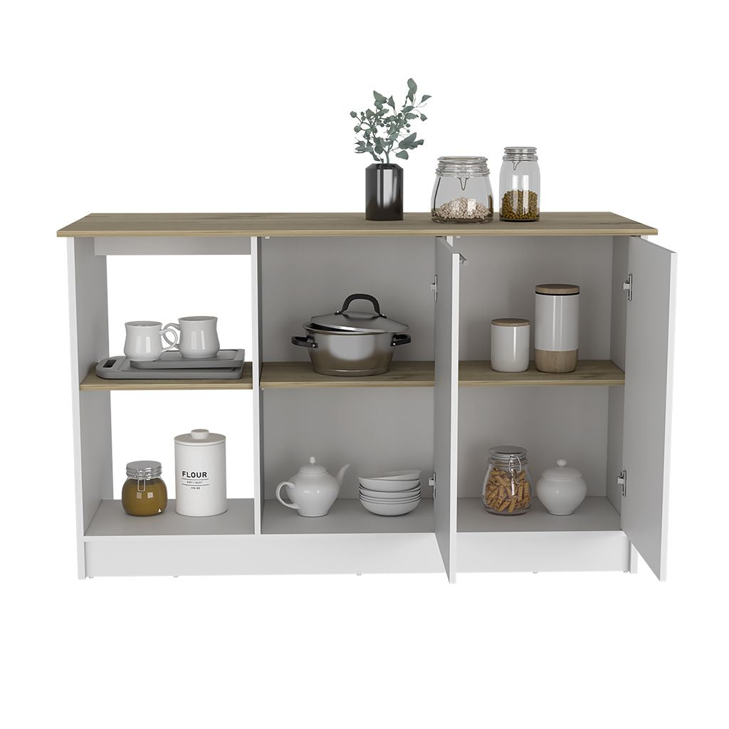 Juniper Kitchen Island, Four Open Shelves, Two Cabinets -Light Oak / White image 5