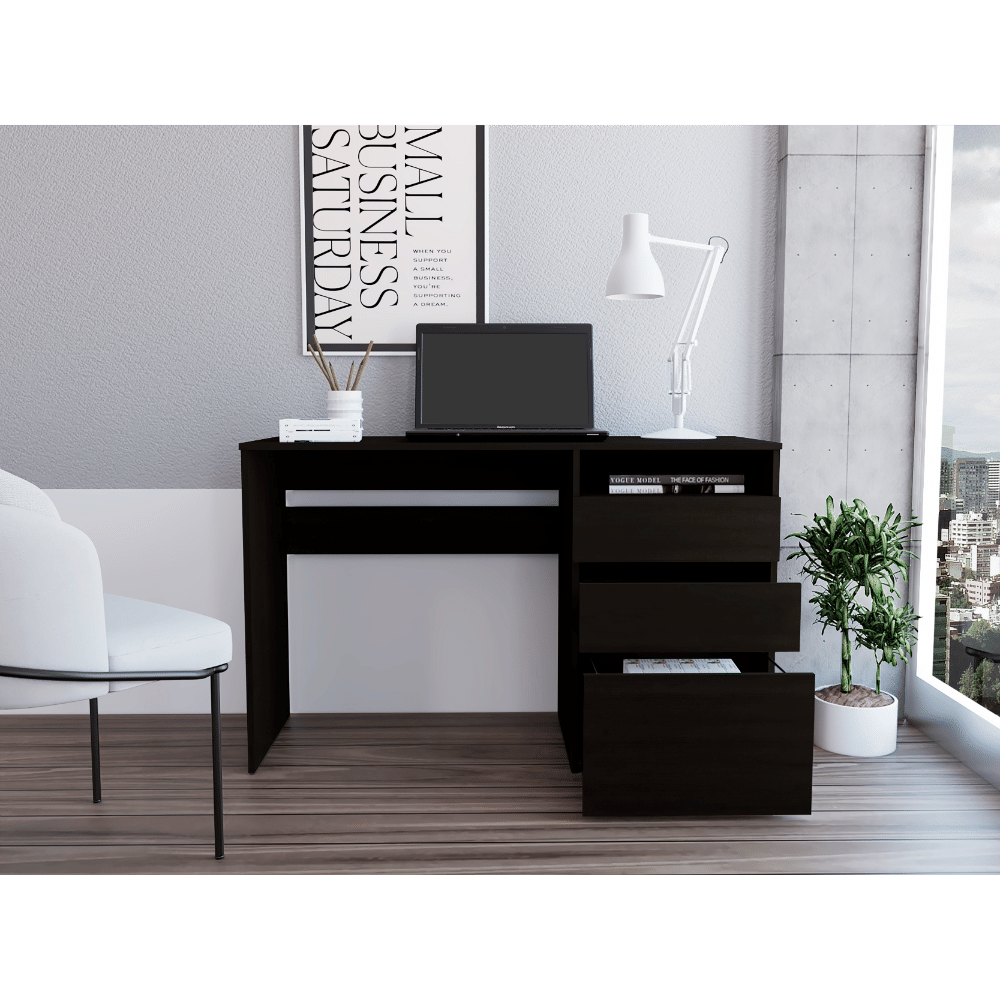 Kenai 3 Drawers Computer Desk, One Shelf, Black image 2