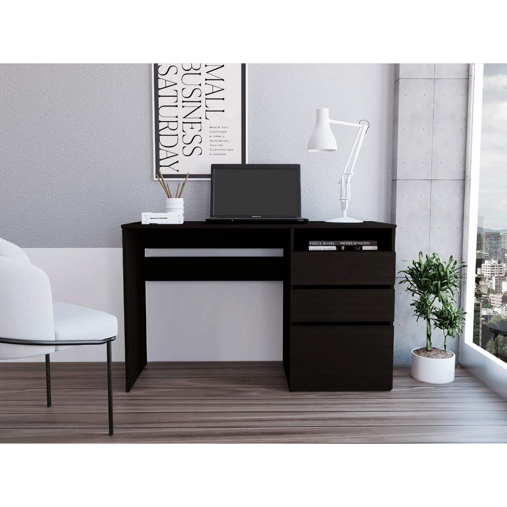 Kenai 3 Drawers Computer Desk, One Shelf, Black image 1