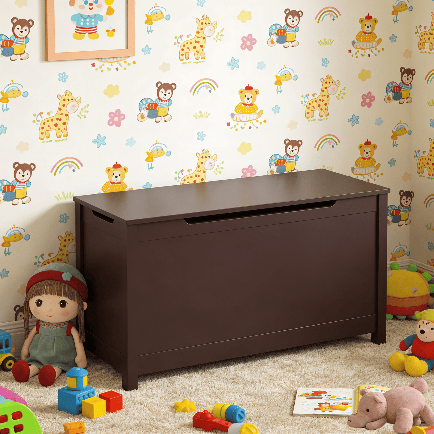 Kids Wooden Toy Box Storage with Safety Hinged Lid for Ages 2+ (Coffee) image 8