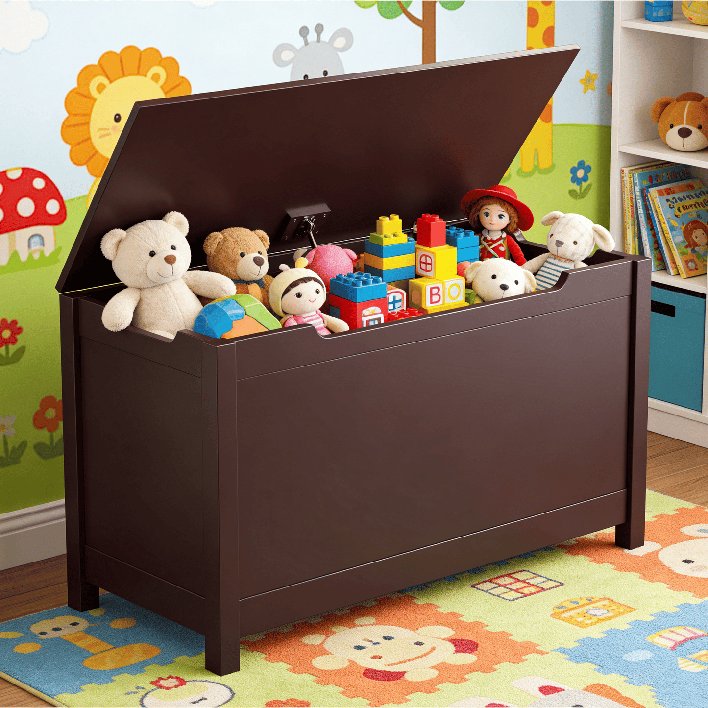 Kids Wooden Toy Box Storage with Safety Hinged Lid for Ages 2+ (Coffee) image 9