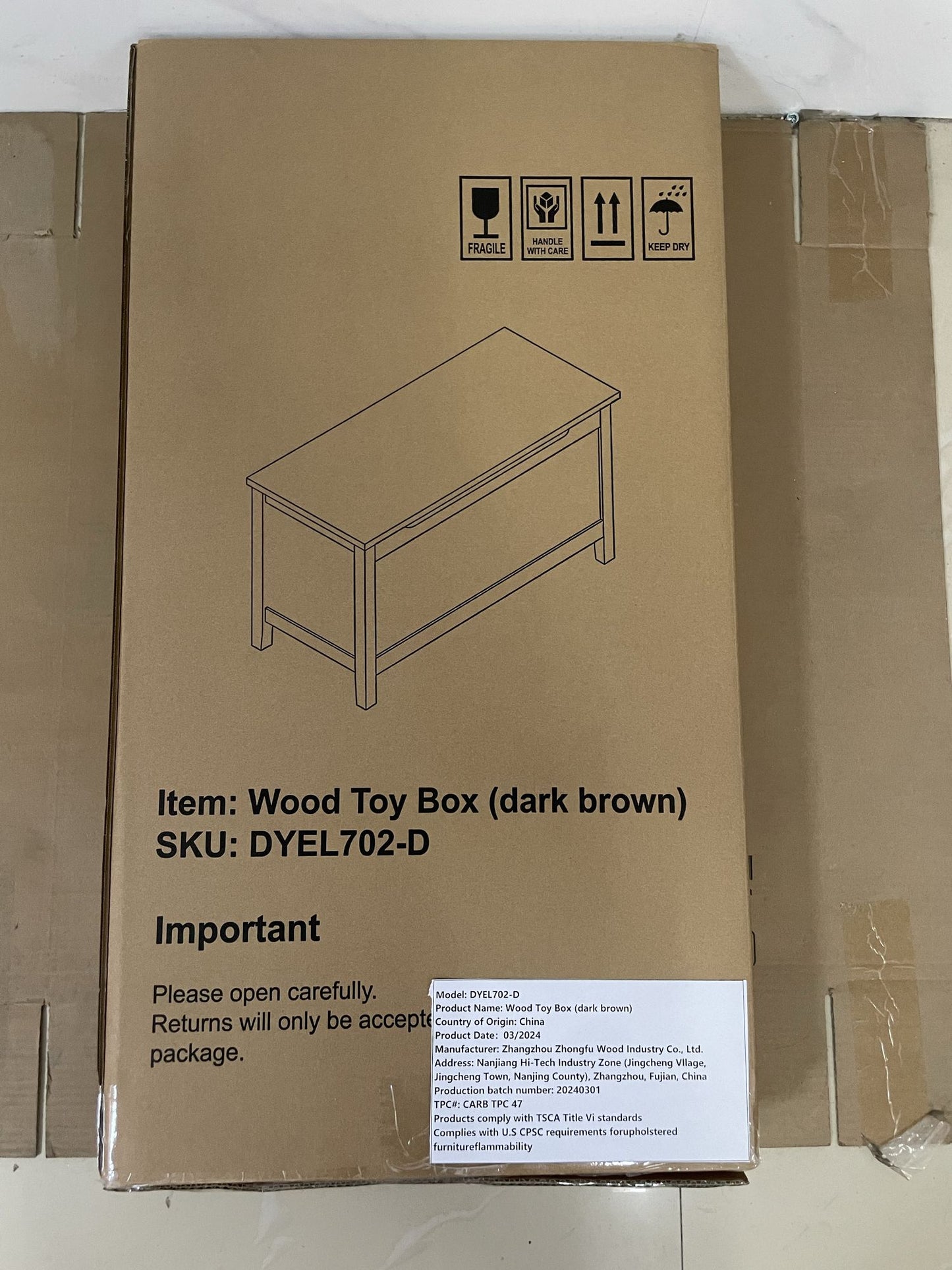Kids Wooden Toy Box Storage with Safety Hinged Lid for Ages 2+ (Coffee) image 2