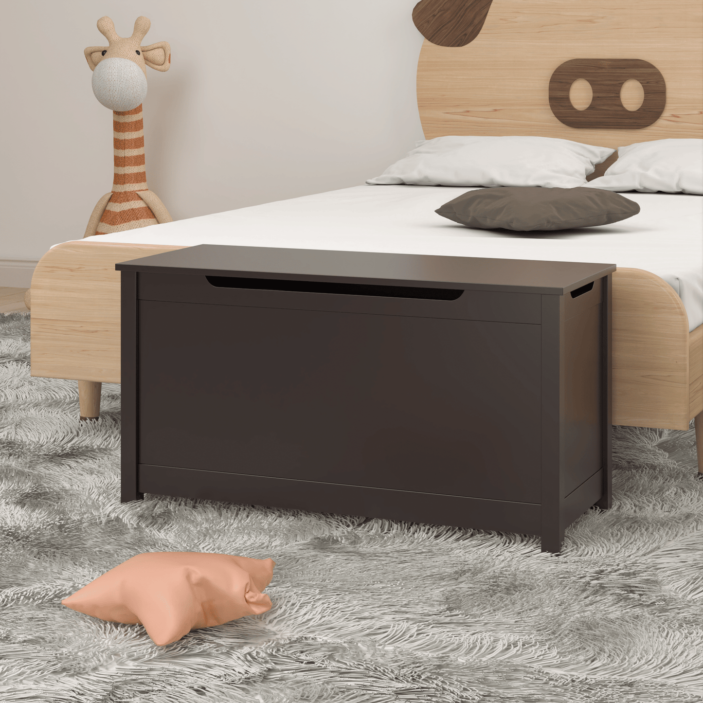 Kids Wooden Toy Box Storage with Safety Hinged Lid for Ages 2+ (Coffee) image 19