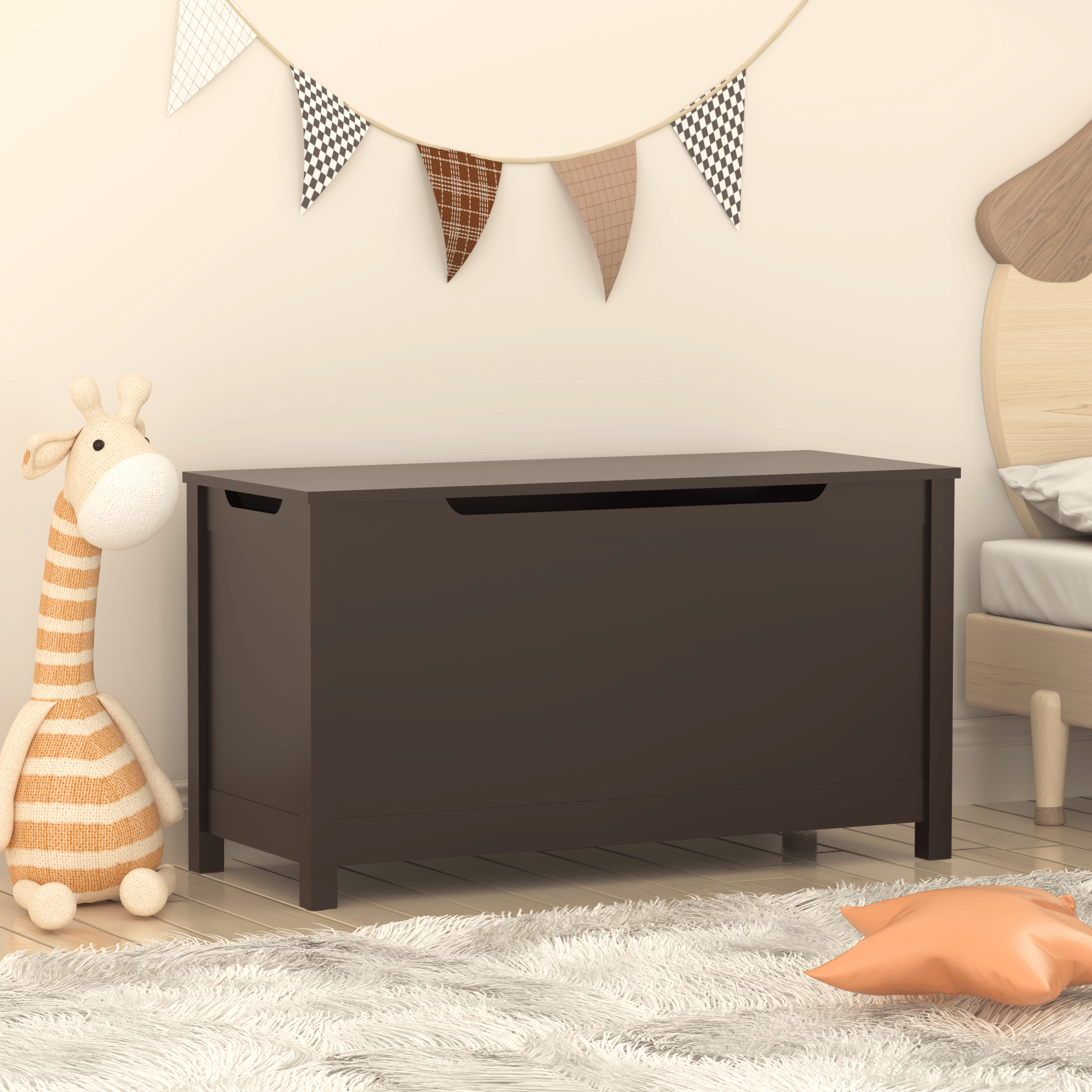 Kids Wooden Toy Box Storage with Safety Hinged Lid for Ages 2+ (Coffee) image 18