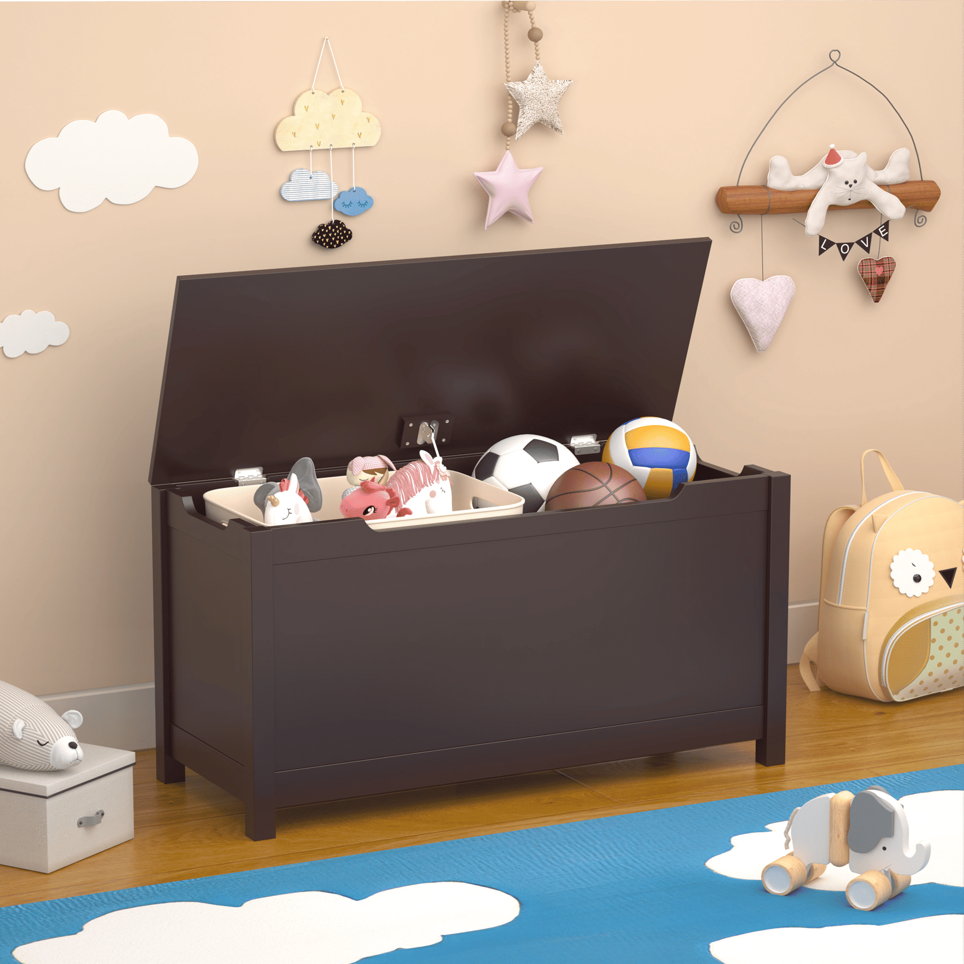 Kids Wooden Toy Box Storage with Safety Hinged Lid for Ages 2+ (Coffee) image 13