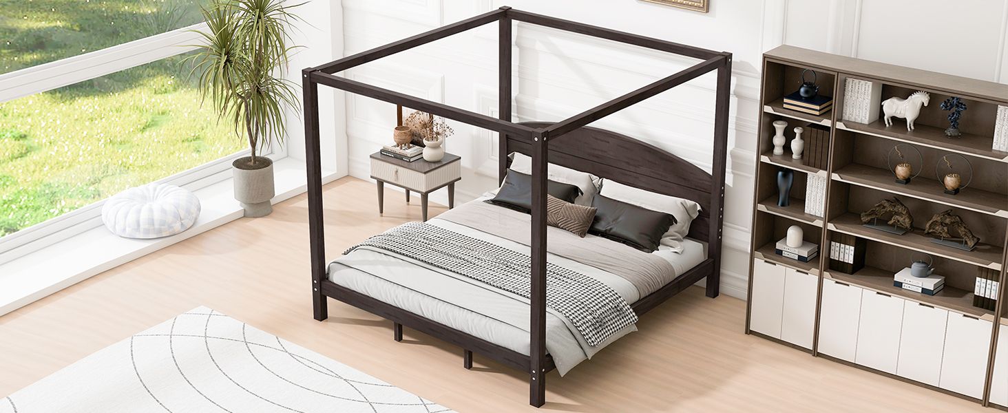 King Size Canopy Platform Bed with Headboard and Support Legs, Brown Wash image 7