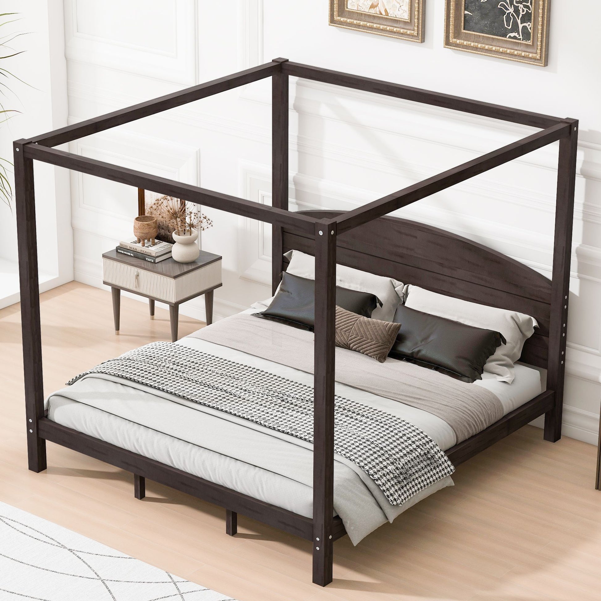 King Size Canopy Platform Bed with Headboard and Support Legs, Brown Wash image 2