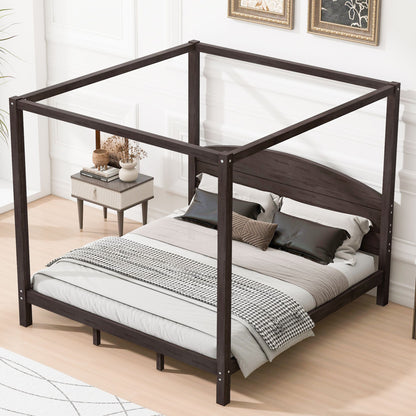King Size Canopy Platform Bed with Headboard and Support Legs, Brown Wash image 2