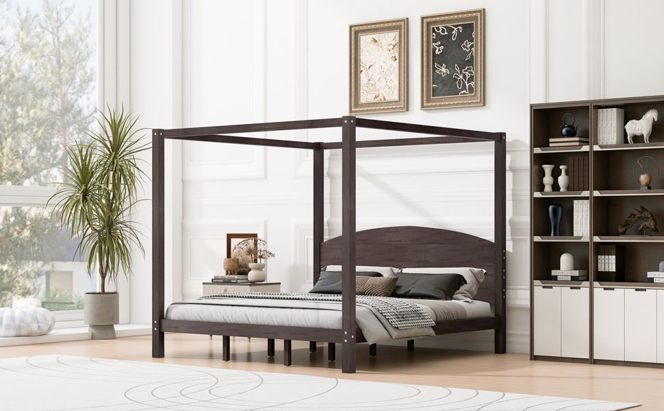 King Size Canopy Platform Bed with Headboard and Support Legs, Brown Wash image 6