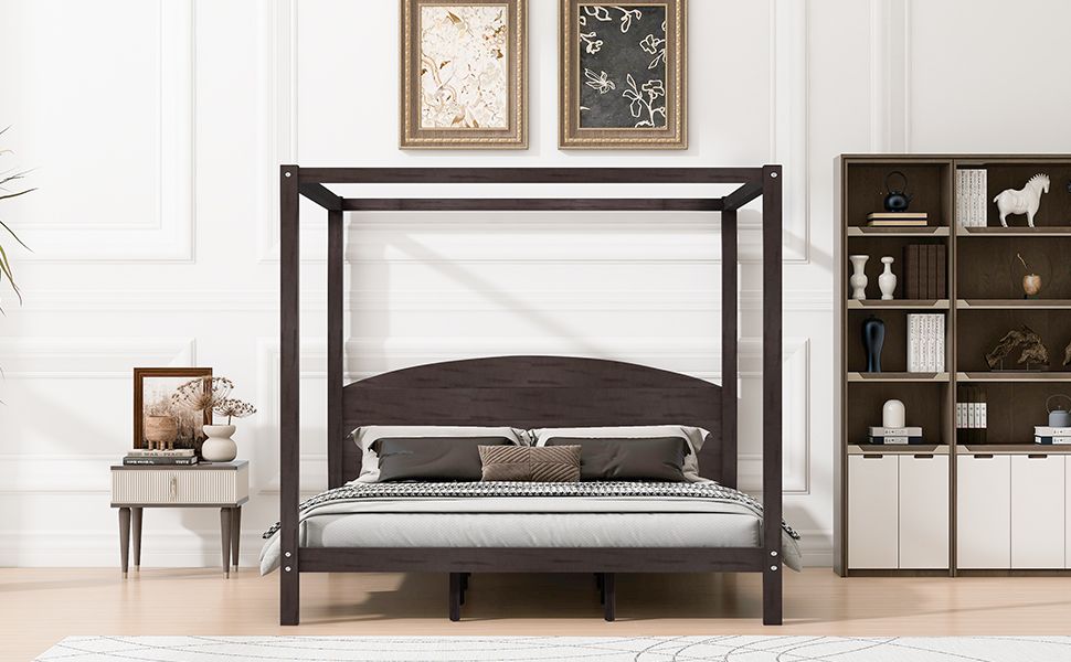 King Size Canopy Platform Bed with Headboard and Support Legs, Brown Wash image 5