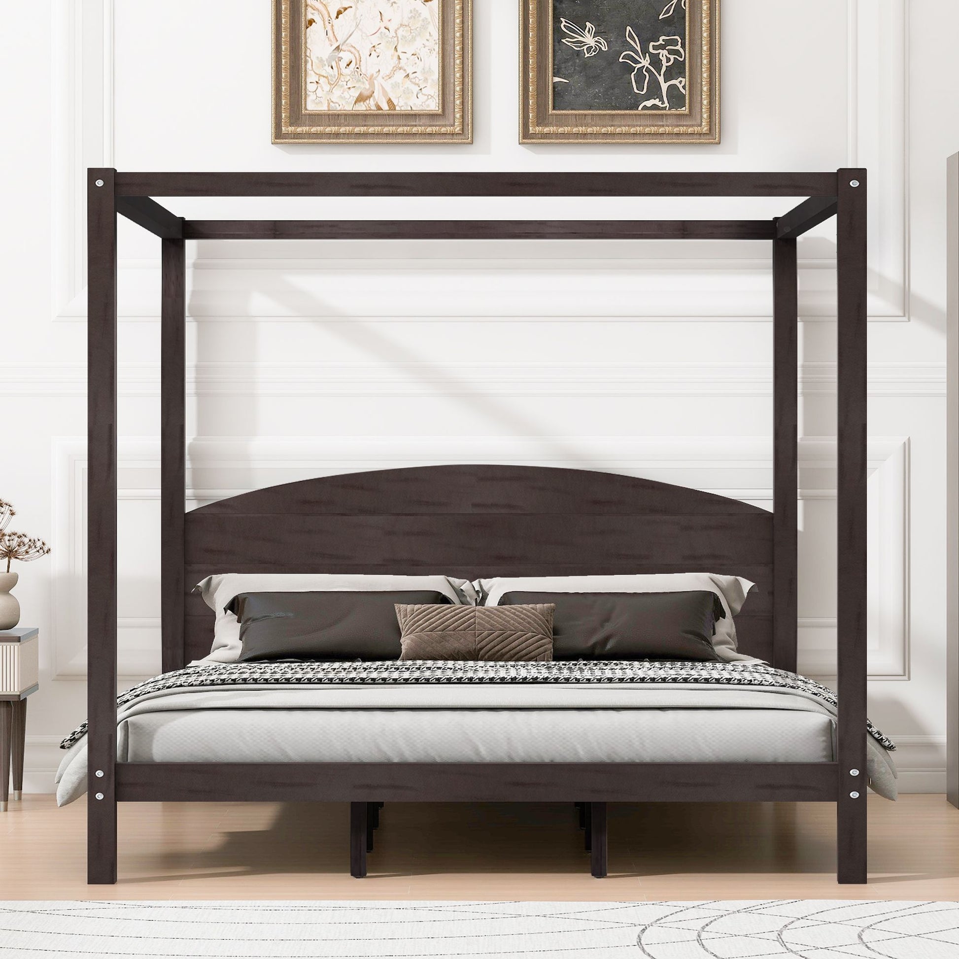 King Size Canopy Platform Bed with Headboard and Support Legs, Brown Wash image 3