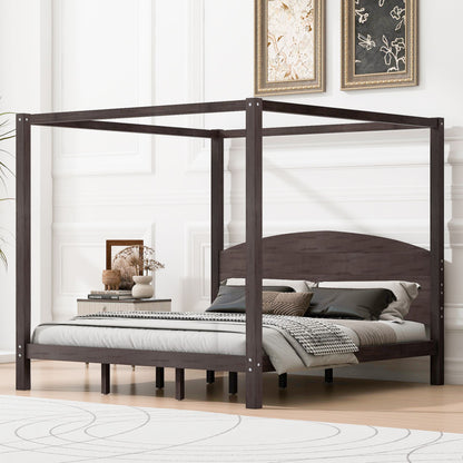 King Size Canopy Platform Bed with Headboard and Support Legs, Brown Wash image 1