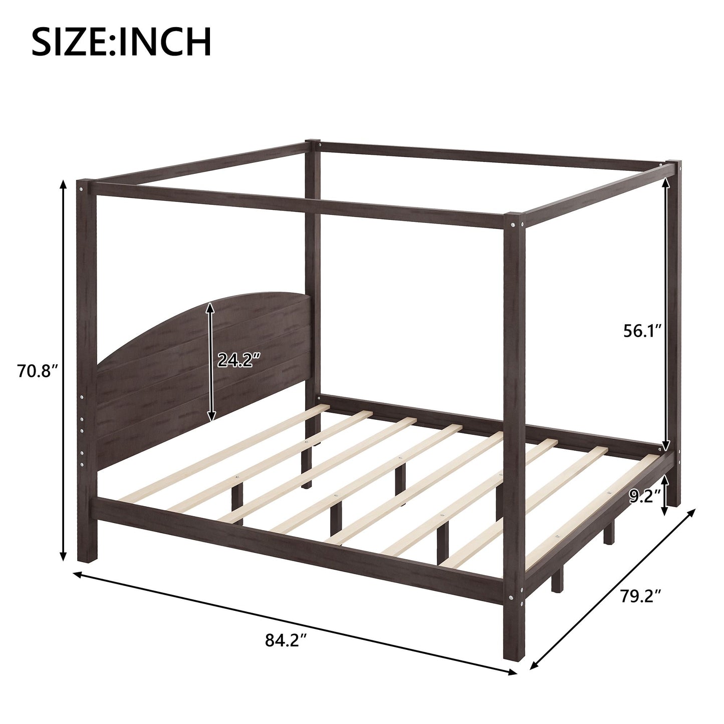 King Size Canopy Platform Bed with Headboard and Support Legs, Brown Wash image 10