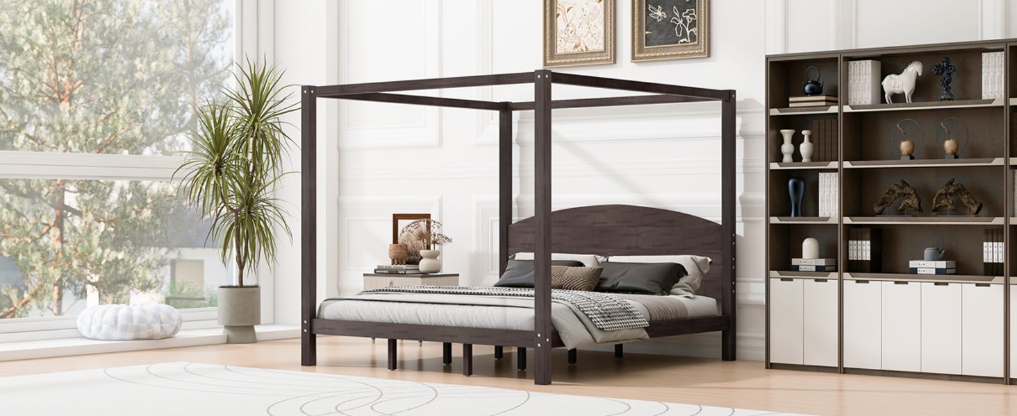 King Size Canopy Platform Bed with Headboard and Support Legs, Brown Wash image 8