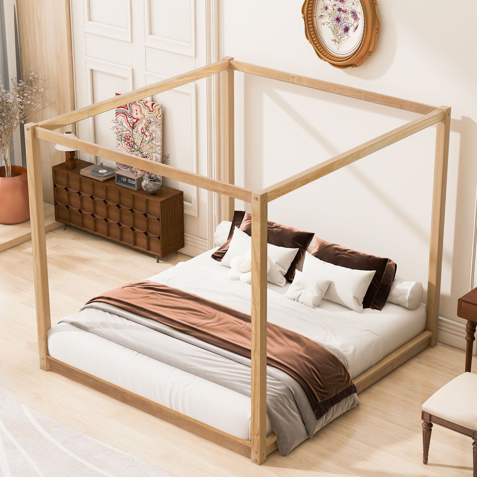 King Size Canopy Platform Bed with Support Legs, Natural image 3