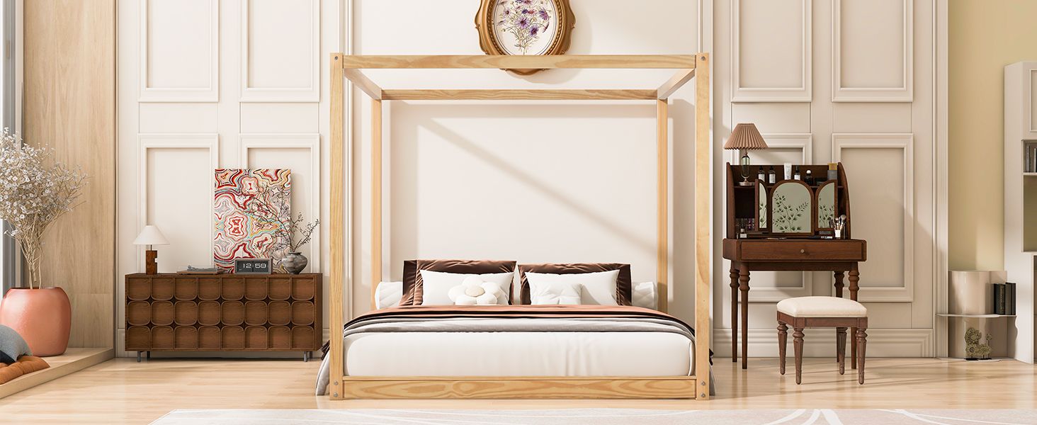 King Size Canopy Platform Bed with Support Legs, Natural image 8