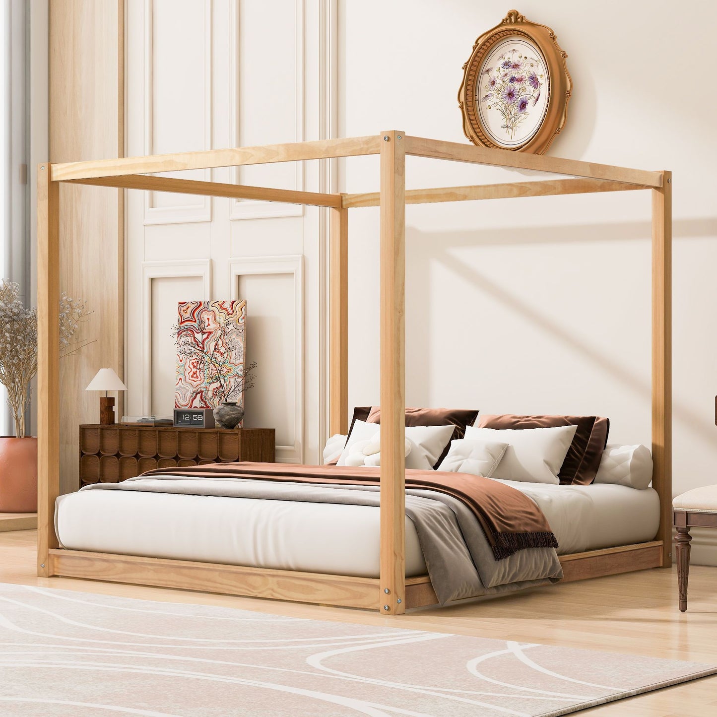 King Size Canopy Platform Bed with Support Legs, Natural image 1