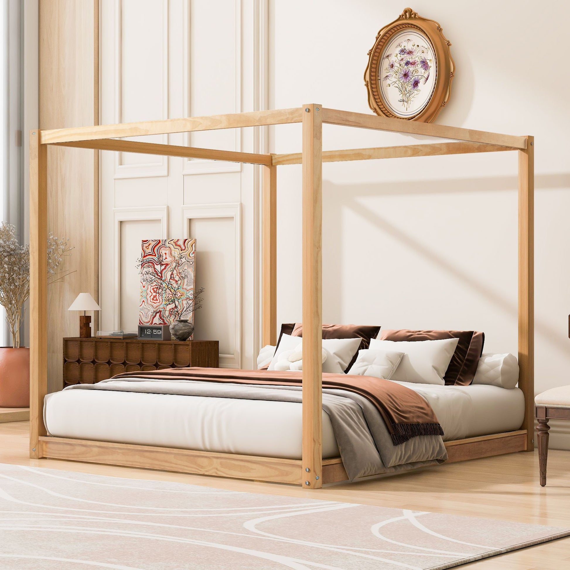 King Size Canopy Platform Bed with Support Legs, Natural image 1