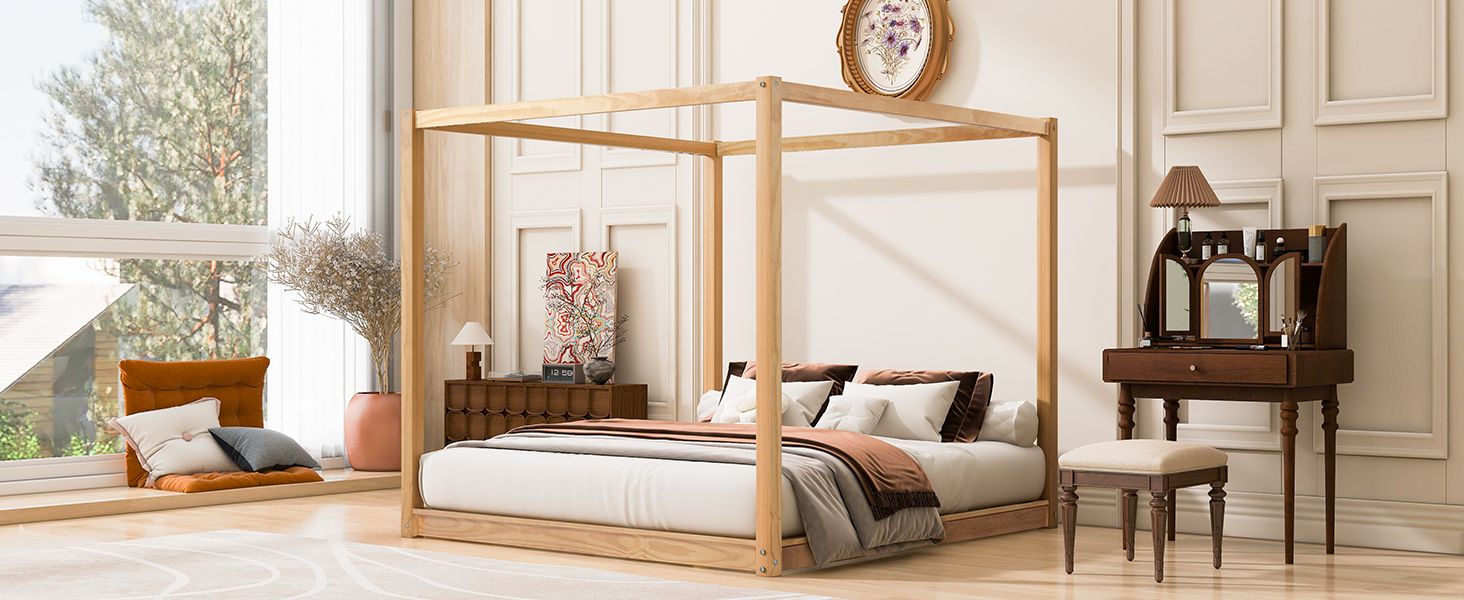 King Size Canopy Platform Bed with Support Legs, Natural image 7