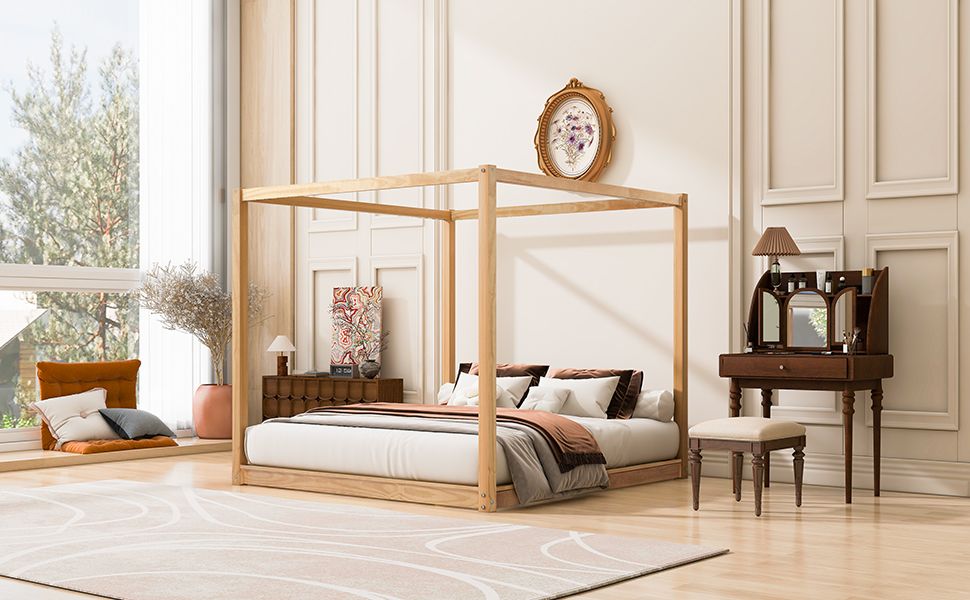 King Size Canopy Platform Bed with Support Legs, Natural image 4