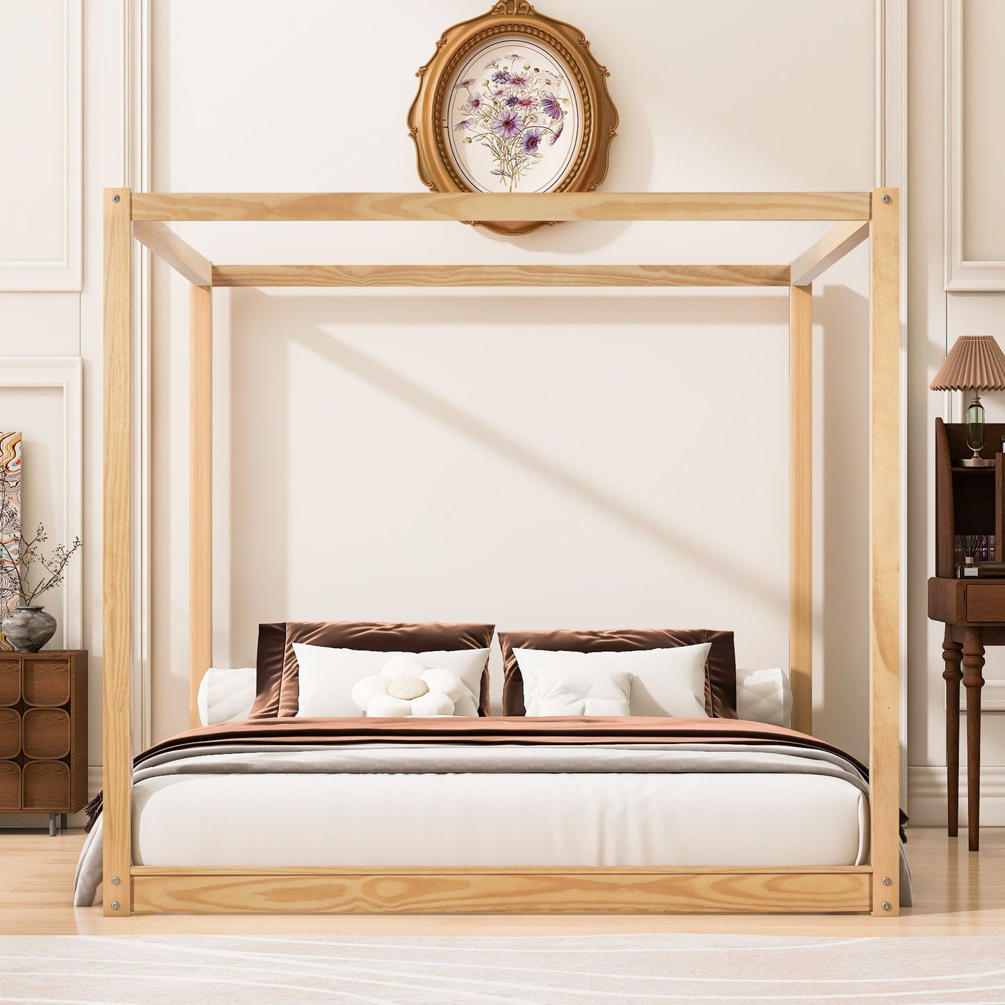 King Size Canopy Platform Bed with Support Legs, Natural image 2
