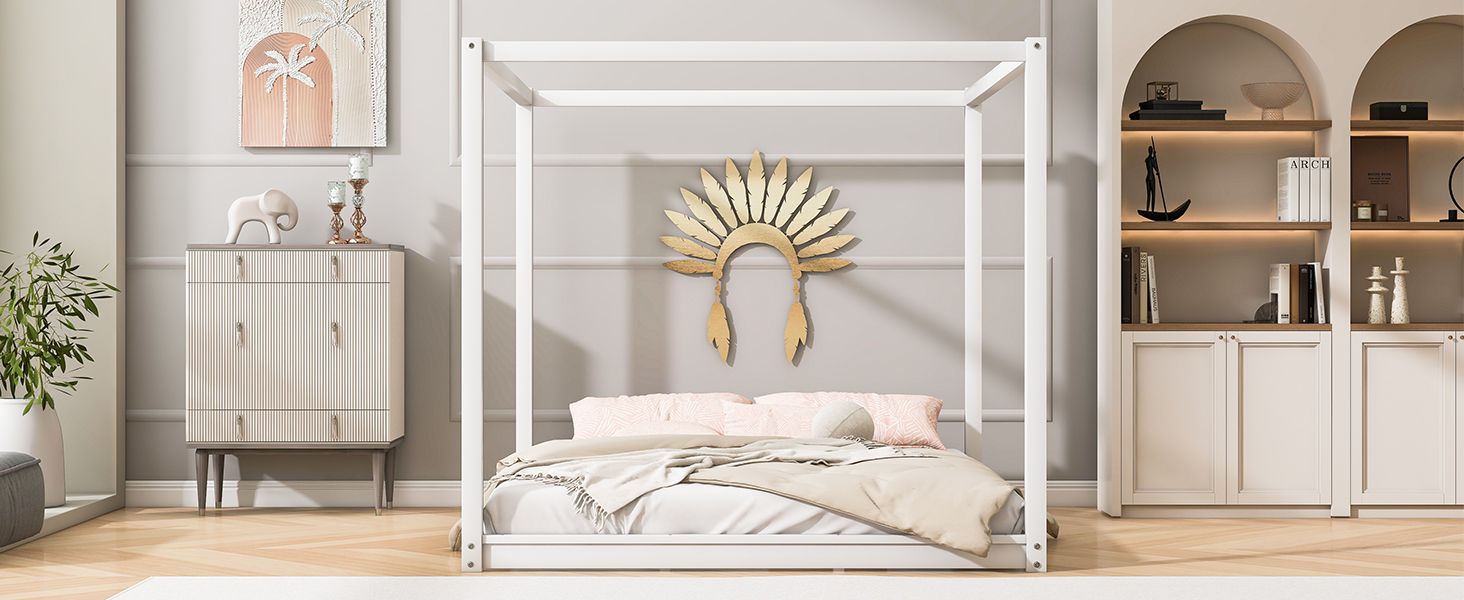 King Size Canopy Platform Bed with Support Legs,White image 8