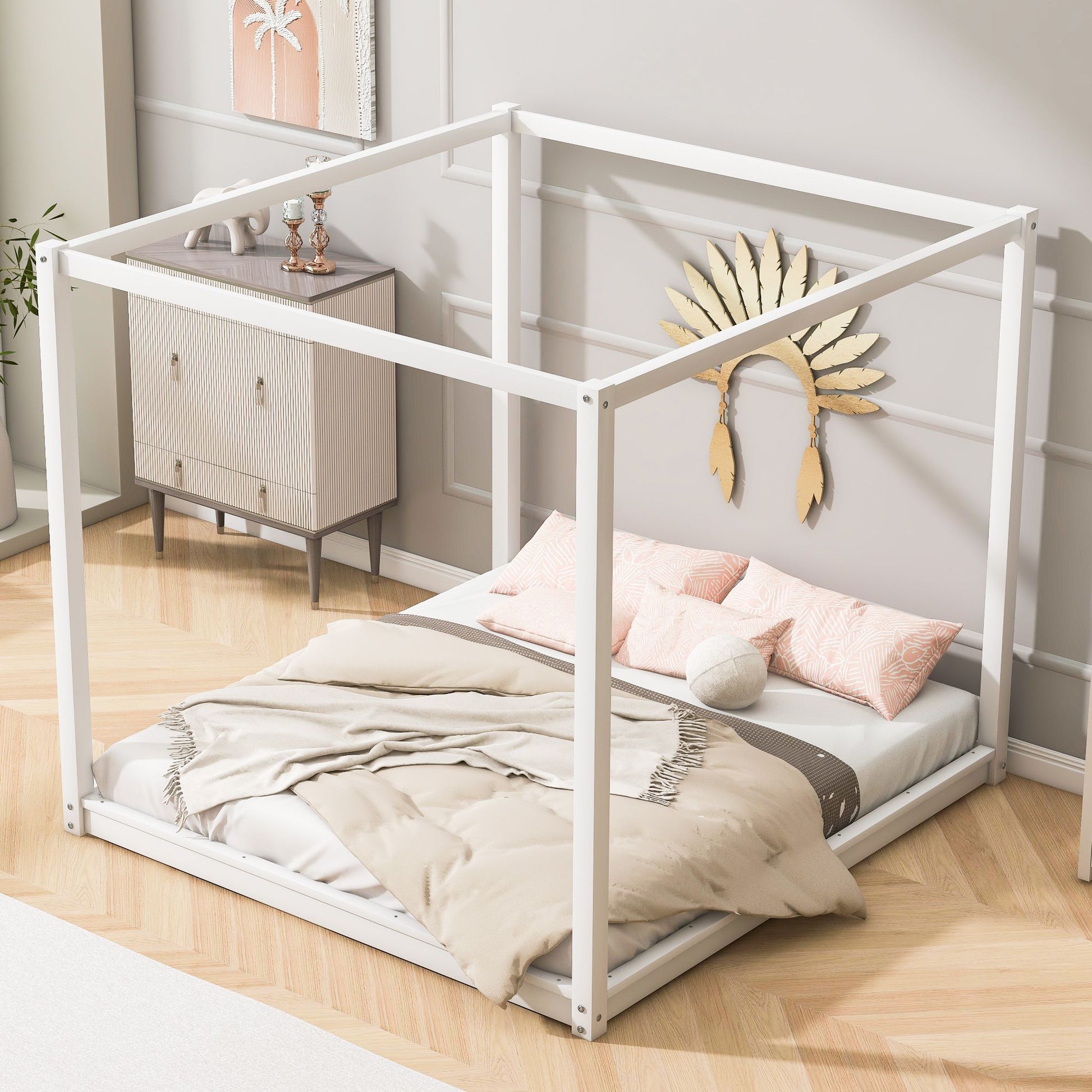 King Size Canopy Platform Bed with Support Legs,White image 2