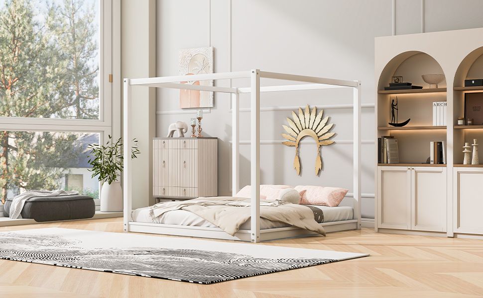 King Size Canopy Platform Bed with Support Legs,White image 4