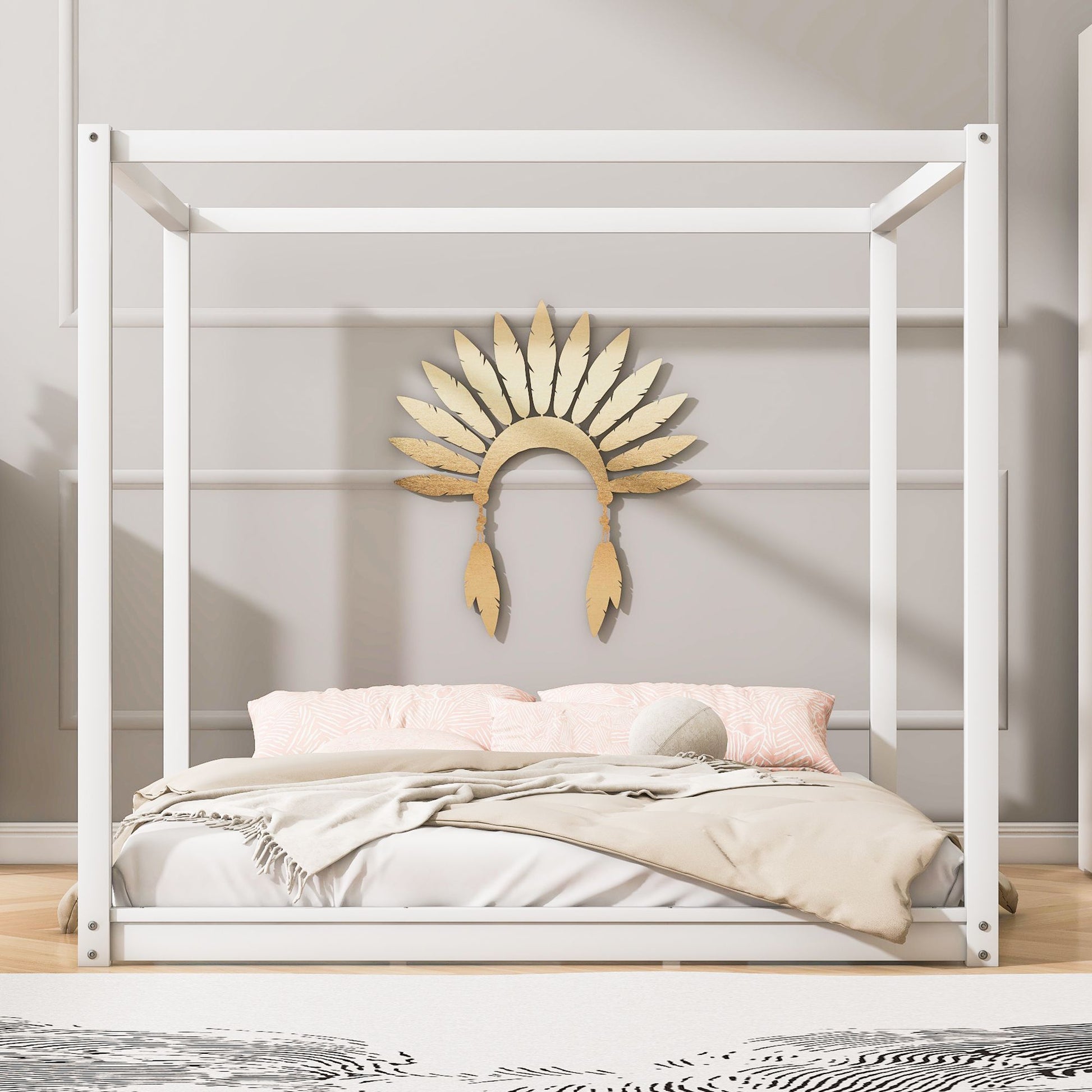 King Size Canopy Platform Bed with Support Legs,White image 3