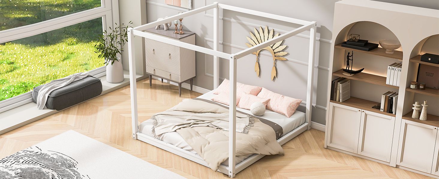 King Size Canopy Platform Bed with Support Legs,White image 7