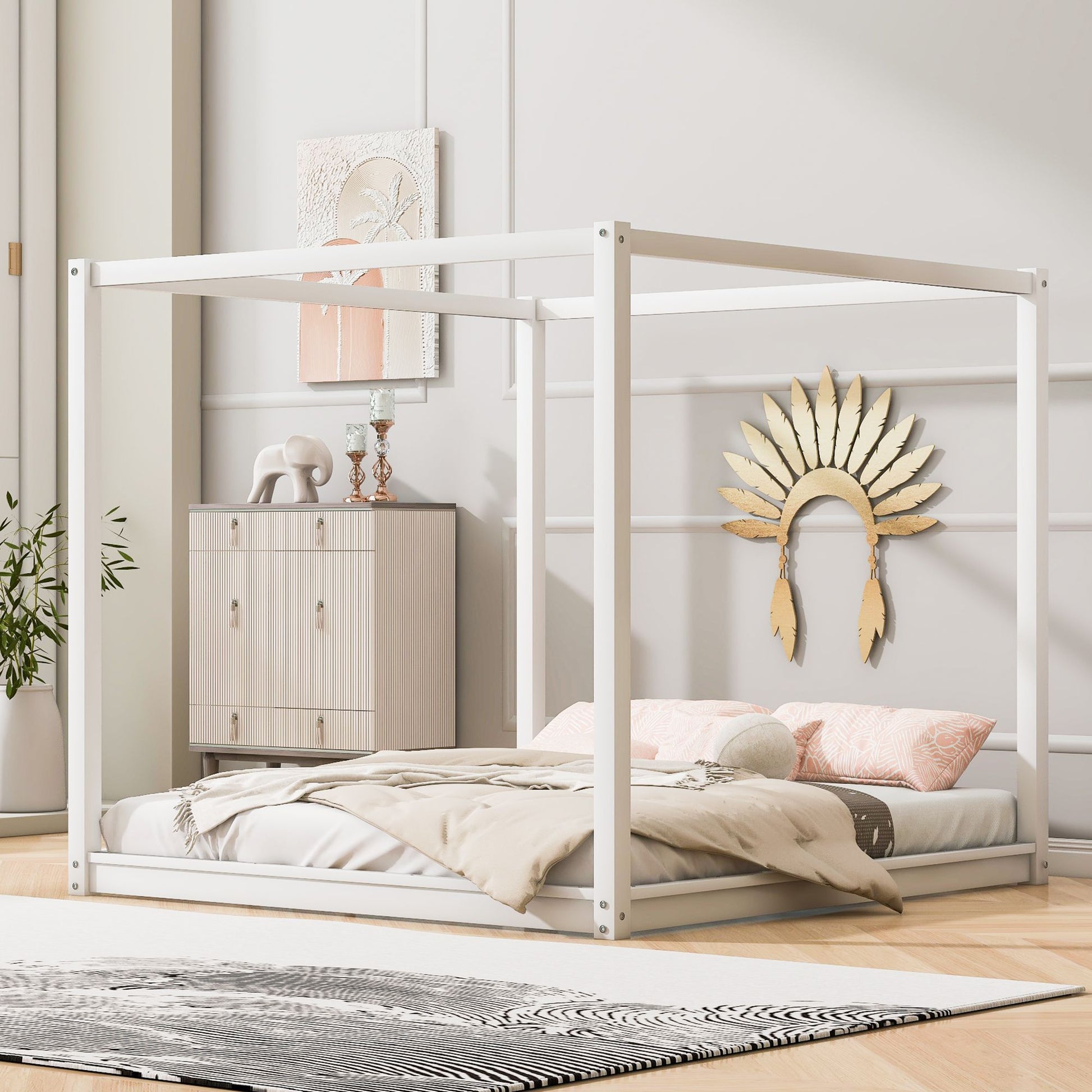 King Size Canopy Platform Bed with Support Legs,White image 1