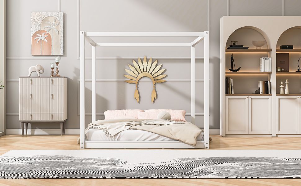 King Size Canopy Platform Bed with Support Legs,White image 5