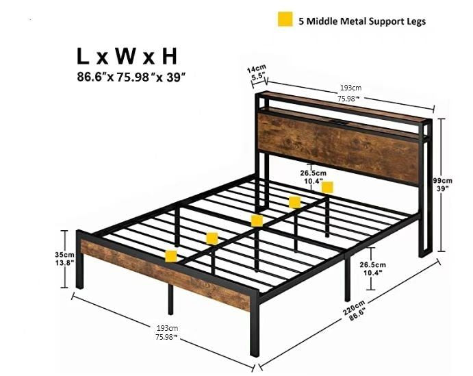 King Size Metal Platform Bed Frame with Wooden Headboard and Footboard with USB LINER, No Box Spring Needed, Large Under image 17