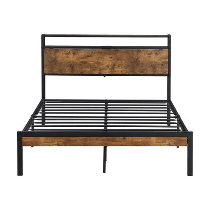 King Size Metal Platform Bed Frame with Wooden Headboard and Footboard with USB LINER, No Box Spring Needed, Large Under image 6