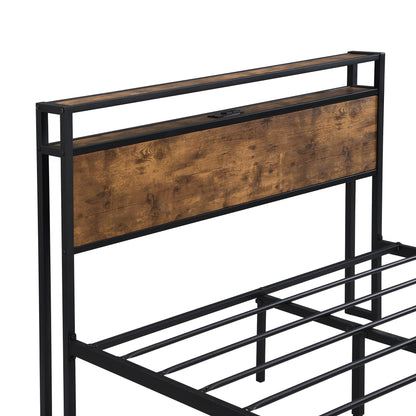 King Size Metal Platform Bed Frame with Wooden Headboard and Footboard with USB LINER, No Box Spring Needed, Large Under image 12