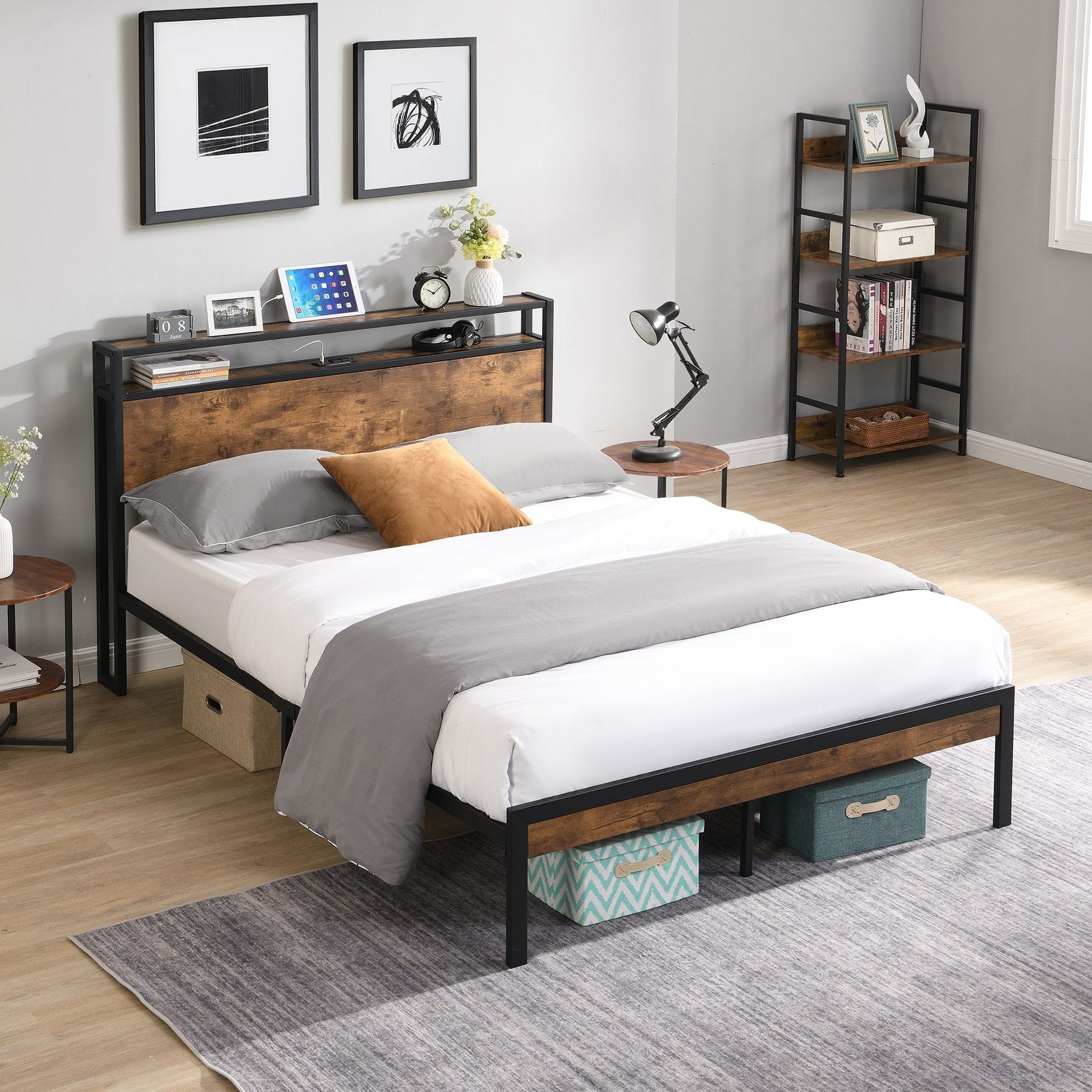 King Size Metal Platform Bed Frame with Wooden Headboard and Footboard with USB LINER, No Box Spring Needed, Large Under image 2