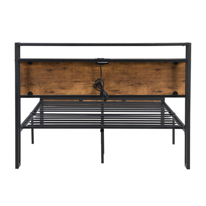 King Size Metal Platform Bed Frame with Wooden Headboard and Footboard with USB LINER, No Box Spring Needed, Large Under image 9