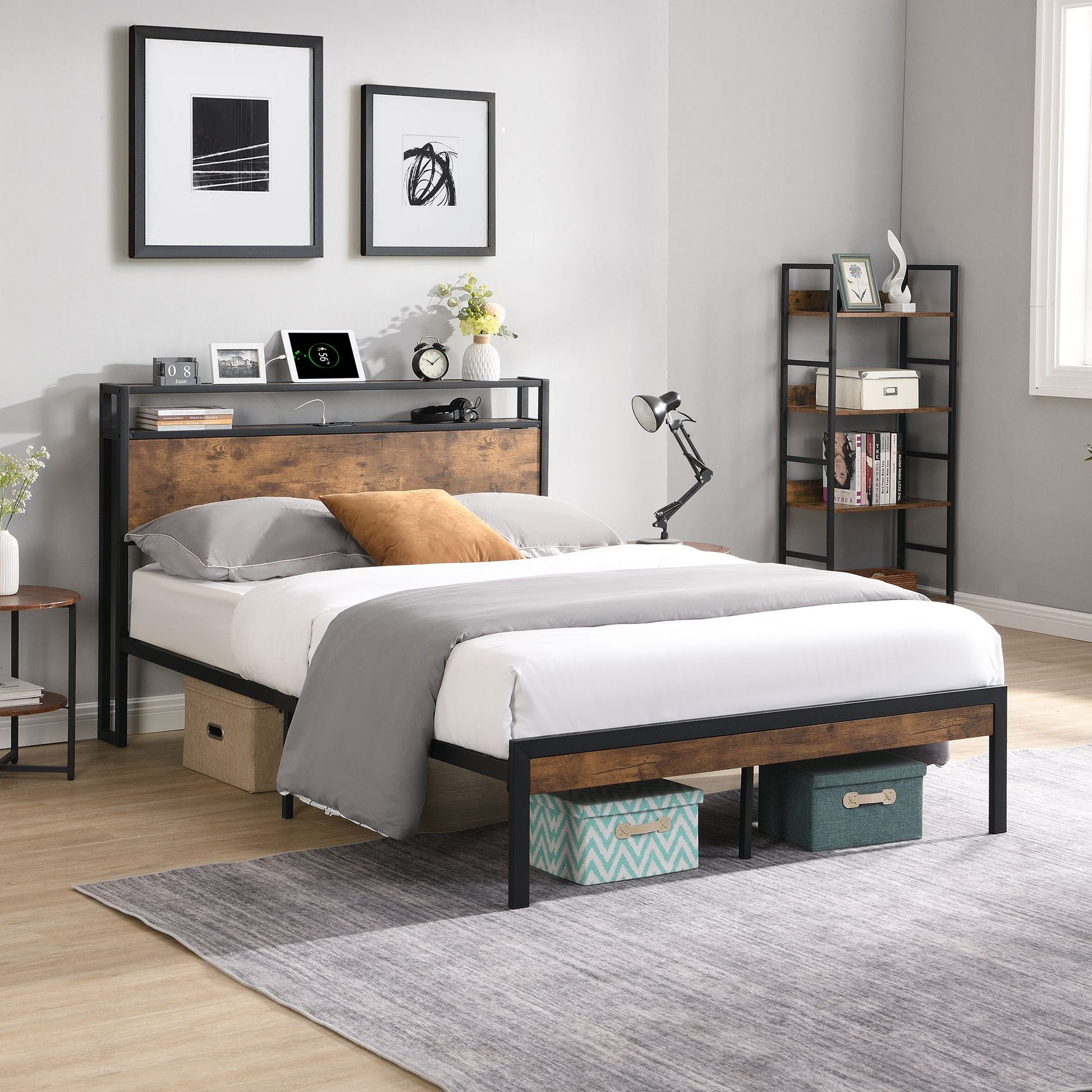 King Size Metal Platform Bed Frame with Wooden Headboard and Footboard with USB LINER, No Box Spring Needed, Large Under image 3