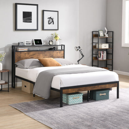 King Size Metal Platform Bed Frame with Wooden Headboard and Footboard with USB LINER, No Box Spring Needed, Large Under image 3