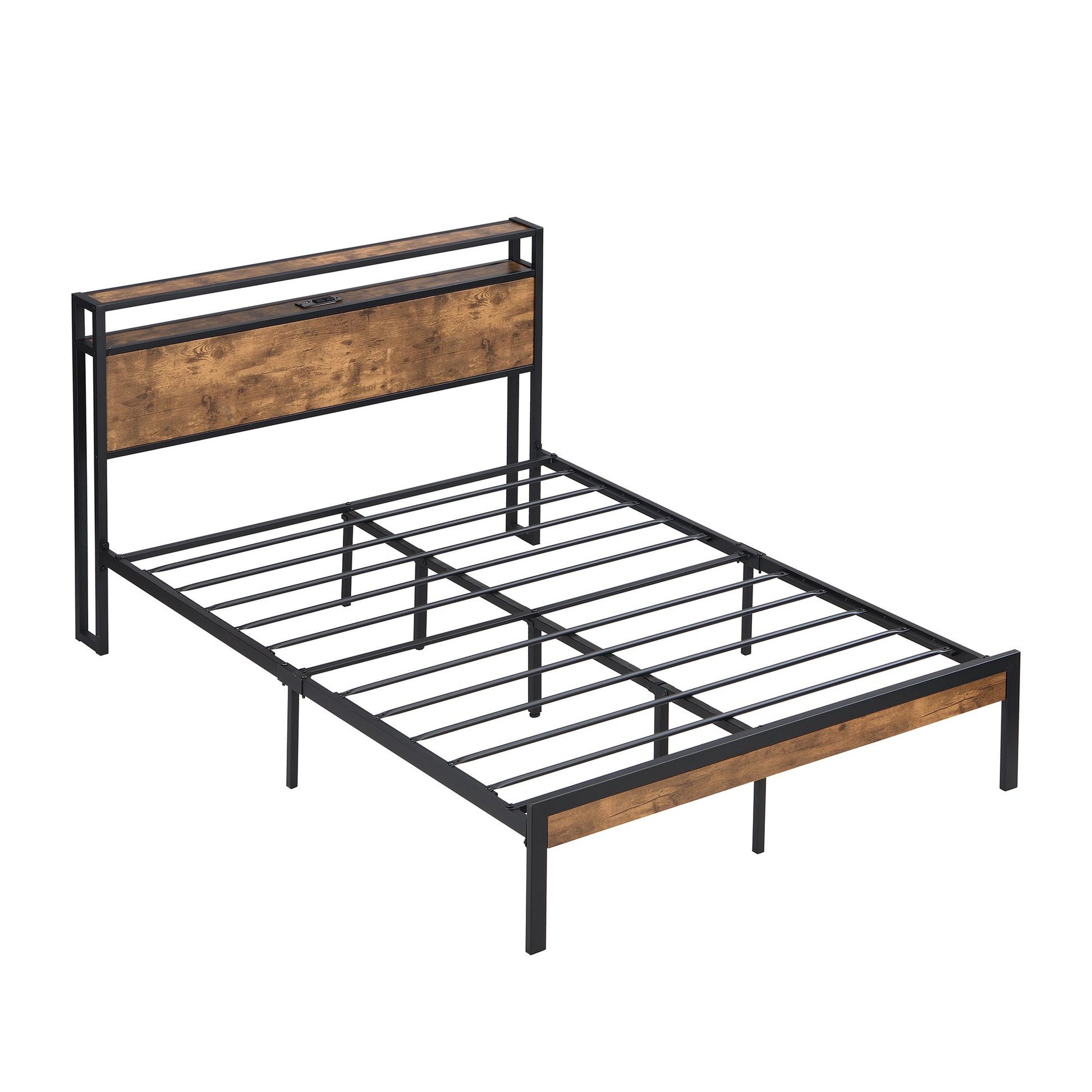 King Size Metal Platform Bed Frame with Wooden Headboard and Footboard with USB LINER, No Box Spring Needed, Large Under image 5