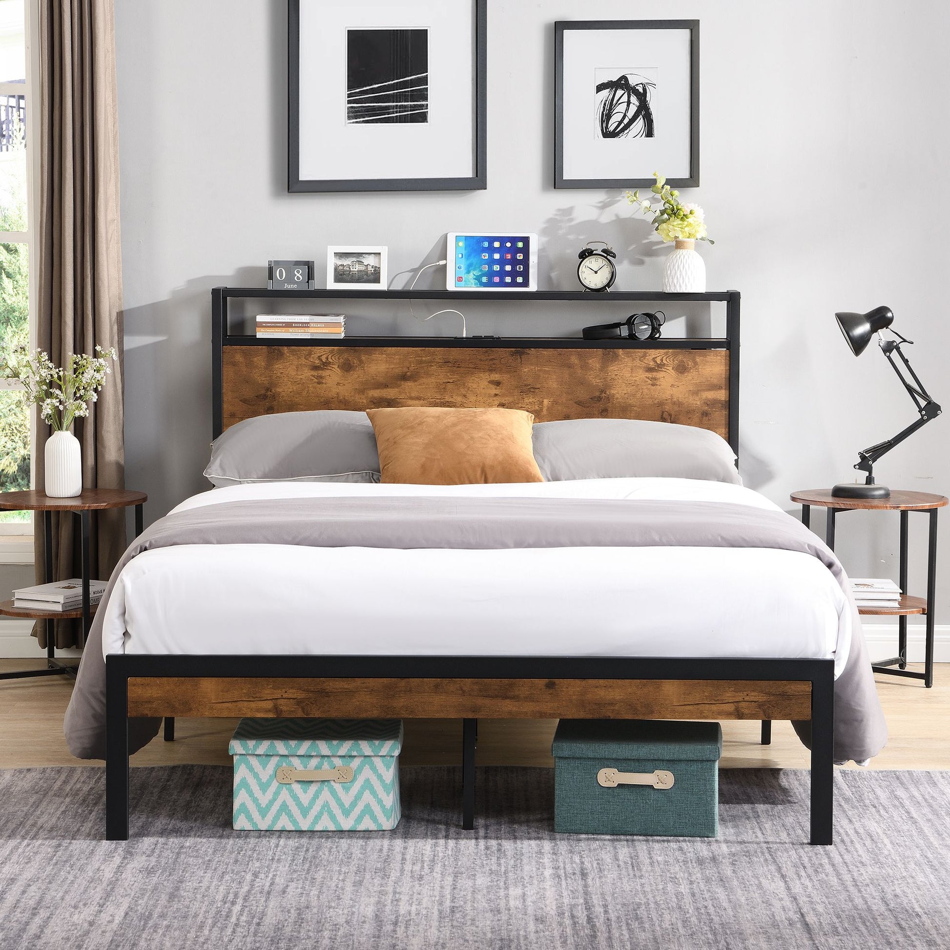 King Size Metal Platform Bed Frame with Wooden Headboard and Footboard with USB LINER, No Box Spring Needed, Large Under image 1