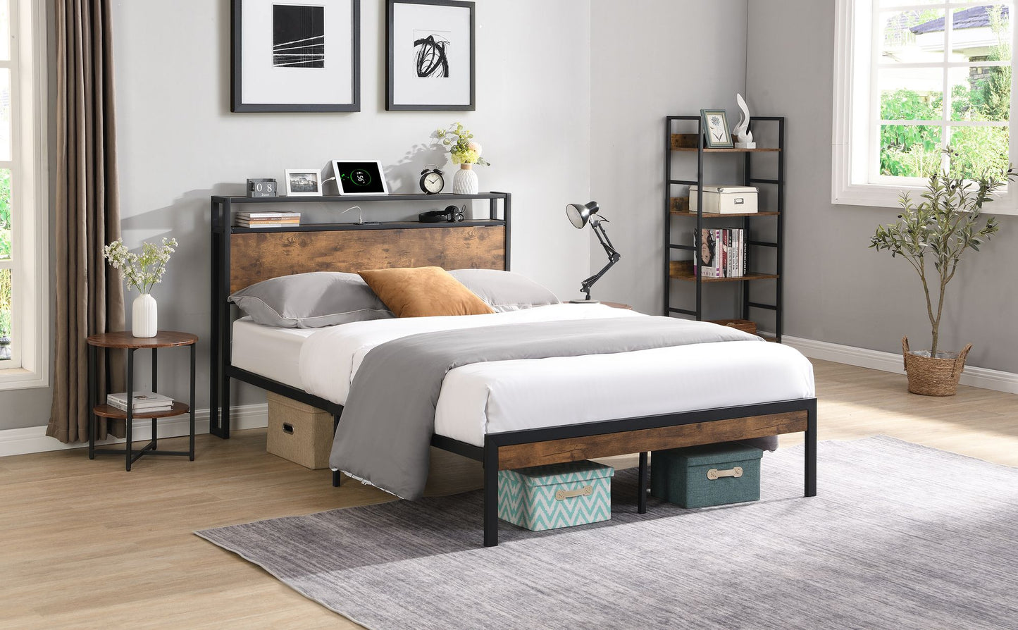 King Size Metal Platform Bed Frame with Wooden Headboard and Footboard with USB LINER, No Box Spring Needed, Large Under image 4