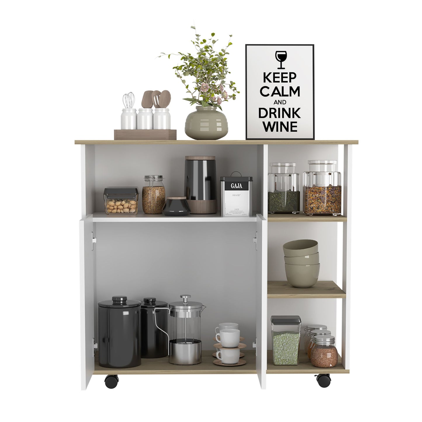 Kitchen Cart 35" H, Four Open Shelves, Double Door Cabinet, Four Casters - Light Oak/White image 4